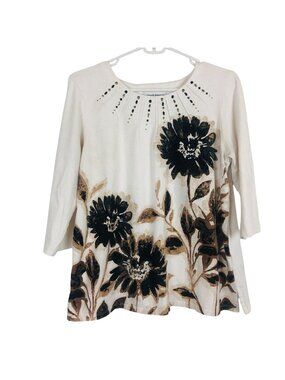 Alfred Dunner Floral Print Top Sz Small Studded Yoke Neckline 3/4 Sleeve Stretch